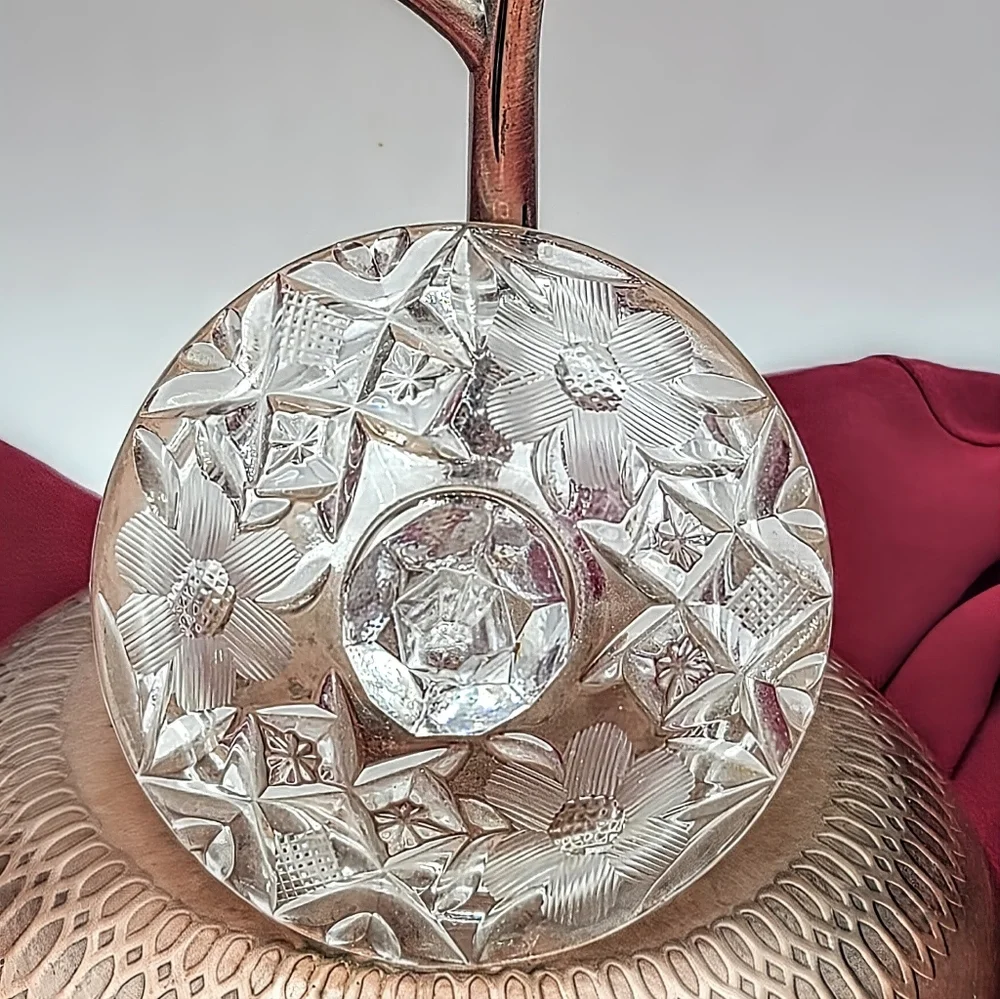 Pressed Crystal Creamer Sugar Bowl Lid Tray Floral Daisy Diamond Pattern Vintage